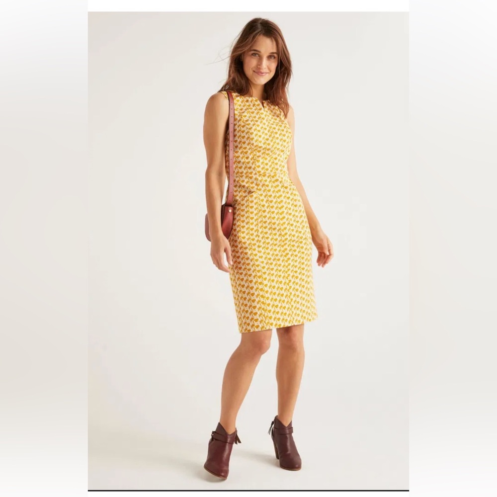 BODEN Helena Cotton Chino Dress STRETCH pockets PRINT yellow/gold US SIZE 8